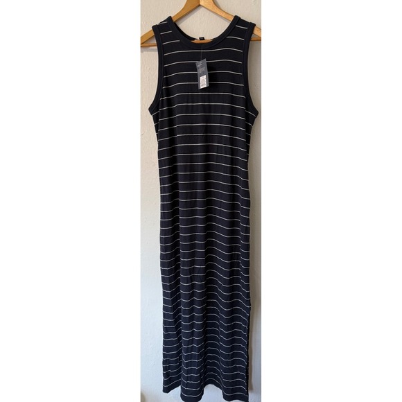 Universal Thread Women's Navy White Stripe Ribbed Maxi Dress Size 1X Side Slits - Picture 2 of 9
